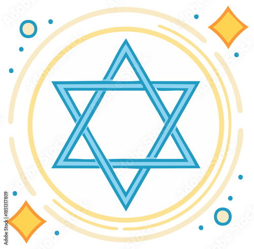 A vibrant blue Star of David symbolizing Judaism with sparkling golden accents and dynamic circular lines