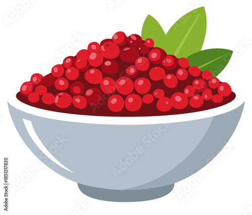 Fresh Red Cranberries in a Bowl with Green Leaves Flat Vector Illustration