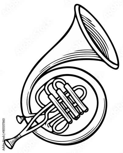 Detailed French Horn Brass Musical Instrument Classic Outline Vector Illustration