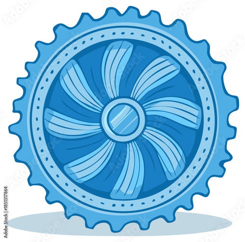 Circular abstract blue cogwheel with stylized petals and detailed edging