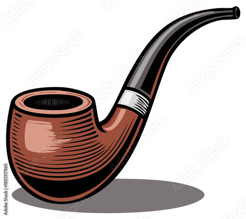 Classic vintage wooden smoking pipe with a bent black stem, detailed vector illustration