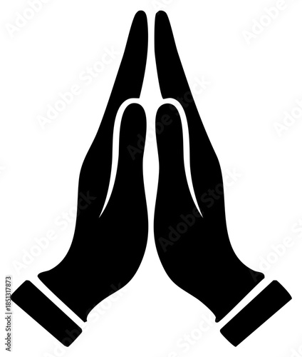 Symbol of praying hands in black and white gesture of reverence and greeting