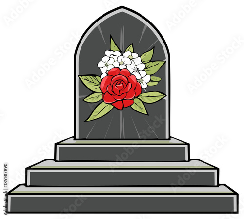 Grave Marker with Flower Arrangement Remembrance Memorial Tombstone Art Burial Stone with Rose and Hydrangeas