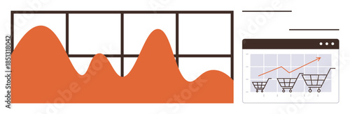 Orange area chart with peaks, web browser window displaying upward sales trends with carts. Ideal for analytics, e-commerce, sales growth, business strategy, data visualization, market performance