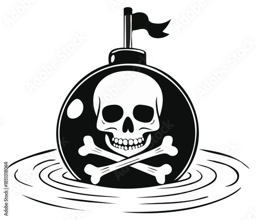 Floating Sea Mine with Skull and Crossbones Symbol in Water Waves representing Danger and Maritime Hazard