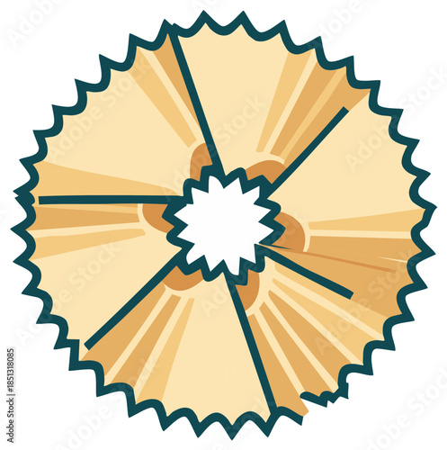 Circular pencil shaving with radiating lines and a jagged edge design