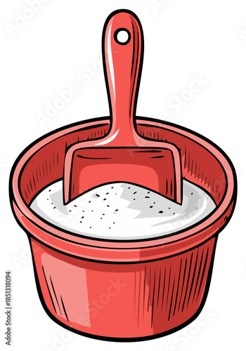 Vibrant red bucket and matching scoop filled with white granular substance cartoon illustration
