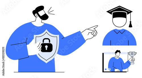 Person with security shield emphasizing data protection, showcasing graduate cap and digital achievement award. Ideal for cybersecurity, online learning, privacy policies, data authenticity