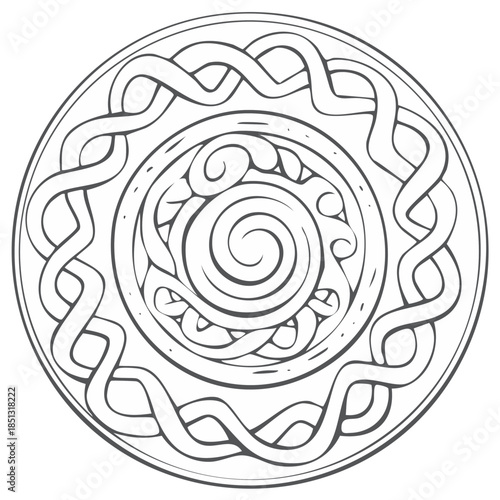 Intricate Circular Celtic Knotwork Design and Spiral Motif