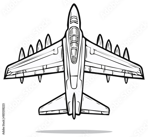 Detailed line art illustration of a military jet aircraft with multiple engines, viewed from above.