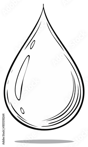 Simple black and white line art illustration of a single water drop representing purity and freshness