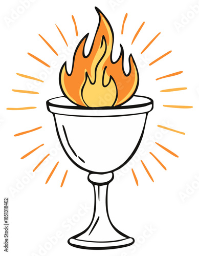 Cartoon illustration of a chalice with fire flames and radiant lines.