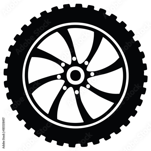 Black and white illustration of a vehicle tire with a spoked wheel and aggressive tread pattern