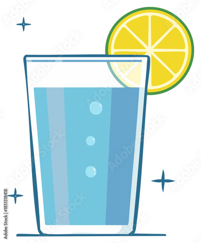 Stylized vector illustration of a refreshing cool blue sparkling beverage in a clear glass with a fresh lemon slice