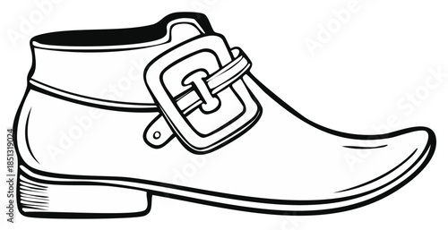 Line art of stylized historical shoe with buckle and heel