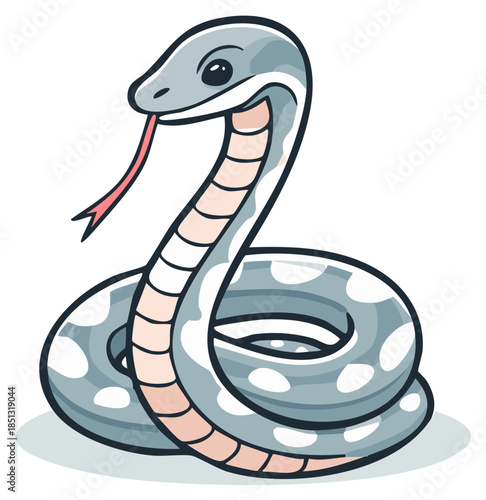 Cute cartoon gray snake coiled with pink tongue flicking, playful animal illustration