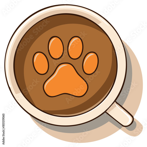 Warm beverage in cup with paw print inside, top-down view. Coffee and animal themes, pet lover idea