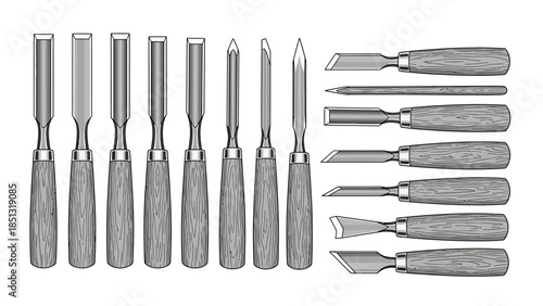 A professional set of screwdriver bits and metal tools including a screwdriver and sharp steel equipment isolated on white as a construction instrument vector illustration symbol