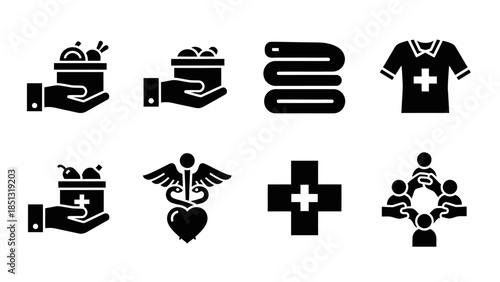 A comprehensive set of black silhouette icons representing healthcare, charity, community support, and social welfare.