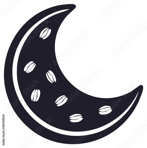 Stylized Dark Crescent Moon with Coffee Beans Pattern - Evening Brew and Cosmic Energy Concept