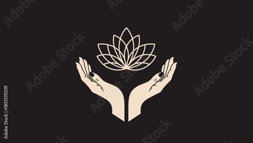 A black silhouette illustration of hands holding a plant and hands holding hands featuring a floral branch design and spring leaf pattern for nature art