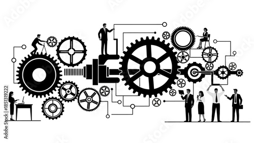 Illustration of a team of people working together to operate a complex system of interconnected gears and machinery, symbolizing collaboration and efficiency in a business or industrial setting.