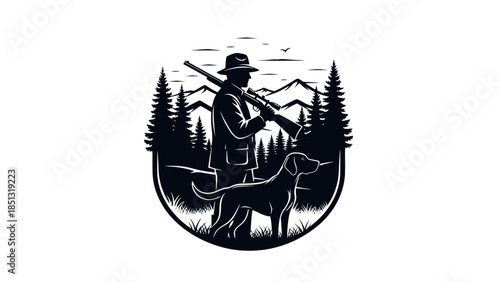 A detailed black and white illustration of a hunter with a rifle and his dog in a forest with mountains in the background, depicting an outdoor adventure.