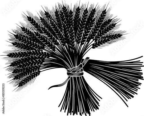 Illustration of a tied sheaf of wheat in black and white silhouette
