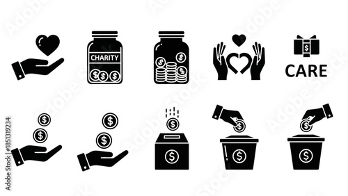 Collection of black and white icons representing charity, donations, and giving, including hands holding hearts, coins falling into hands, and money being deposited into donation boxes.