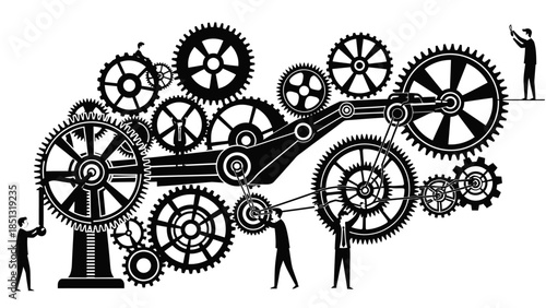 Mechanical Harmony: A dynamic illustration showing several figures working collaboratively to synchronize gears, symbolizing innovation, collaboration, and the interconnectedness of systems.