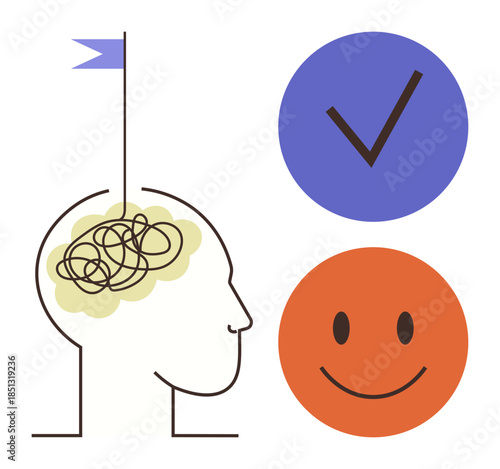 Outline head with tangled lines in brain and flag, blue checkmark, orange happy face. Ideal for mental health, focus, clarity, success, decision-making positivity self-improvement. Simple flat