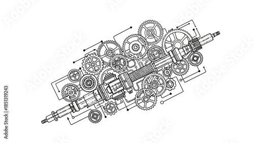 Intricate black and white line art illustration of complex mechanical gears and shafts forming an elaborate machine system.