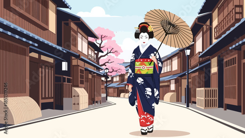 Geisha stroll: a Geisha elegantly walks through a traditional Japanese street, embodying the culture's rich history and grace.