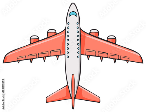 Colorful cartoon airplane in flight, top view, with orange wings.