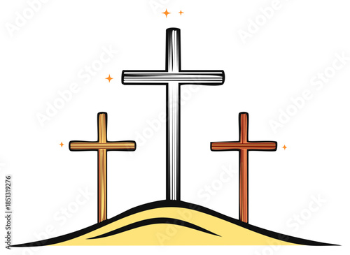 Three Crosses on Hillock Shining Symbols of Faith Hope Love Salvation Icon Set