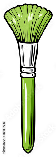 Green makeup brush with fanned bristles and silver ferrule and handle accents