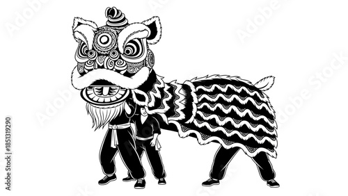 Lunar New Year Lion Dance Performance: A vibrant monochrome image of a majestic lion dance, a symbol of good fortune. A vivid cultural expression. 