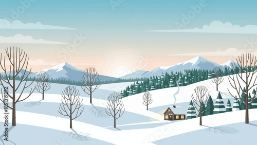 Winter Landscape: An idyllic winter scene unfolds, with a cozy cabin nestled amidst a snow-covered landscape, mountains, and trees. capturing the peaceful serenity of the season.
