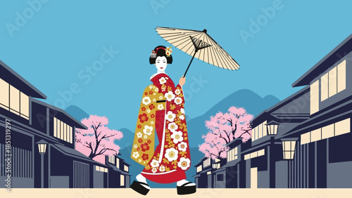 Japanese Beauty in Tradition: A stylized image captures the essence of Japanese culture, showcasing a Geisha gracefully traversing a traditional street, her form exuding elegance.