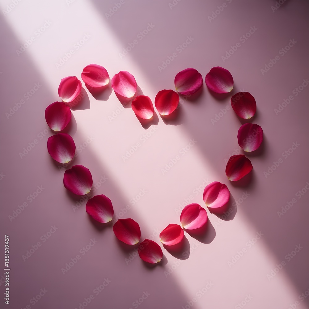 Fototapeta premium Creative heart shape made from red rose petals on soft background, romantic Valentine’s Day love symbol for greeting cards, wedding invitations, anniversary designs, minimal floral composition