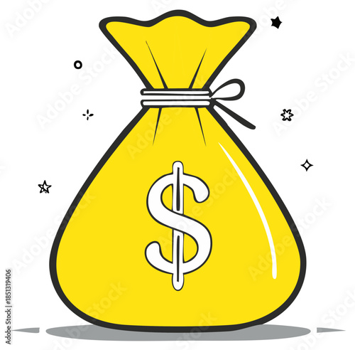 Yellow Money Bag with Dollar Sign and Festive Sparkles