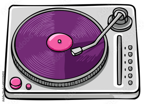 Cartoon illustration of a DJ turntable record player with a purple vinyl album