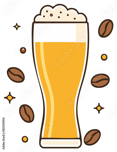 Illustration of coffee beans and foamy beer in a glass, creative blend