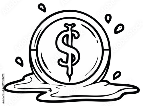 Melting dollar symbol with water splash, comic style, financial loss concept