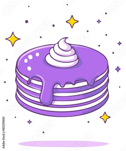 Delightful purple pancakes stack illustration with creamy topping and whimsical sparkles, isolated