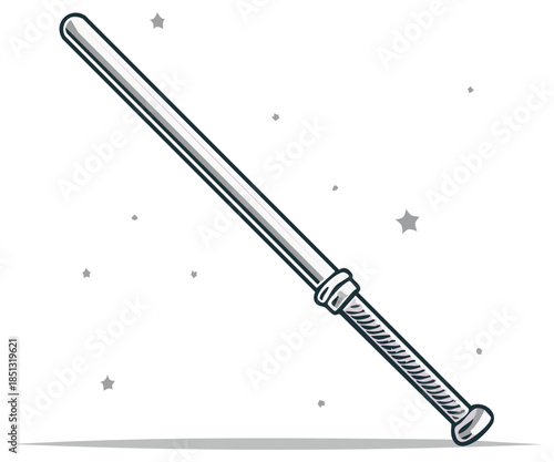 Stylized illustration of a silver baseball bat with a textured grip and star accents