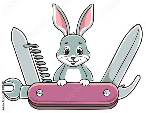 Cartoon bunny peeking from behind a multi tool pocket knife with blades and wrench
