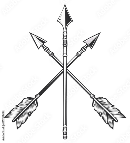 Symmetrical vintage black and white illustration of three crossed arrows or spears with ornate fletching and sharp points.
