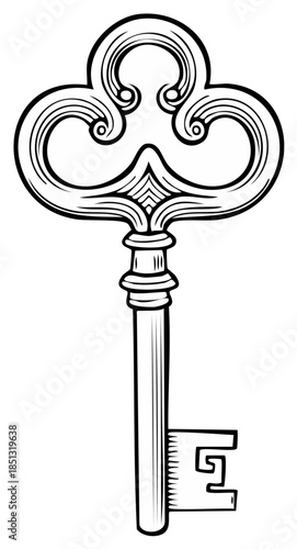 Ornate vintage skeleton key with intricate scrollwork design and decorative bow isolated on white background