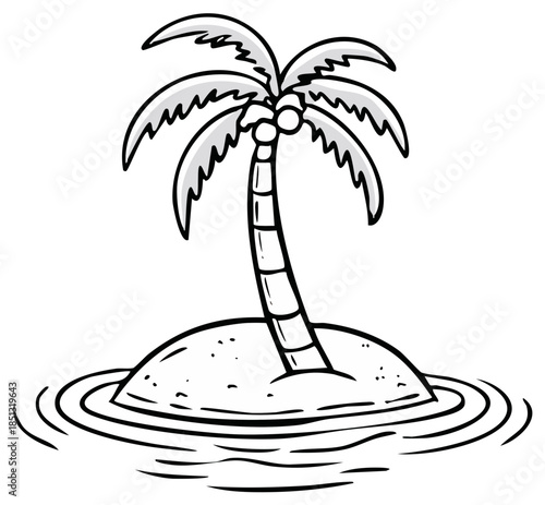 Cartoon island with palm tree in ocean illustration. Coastal, tropical, vacation design.